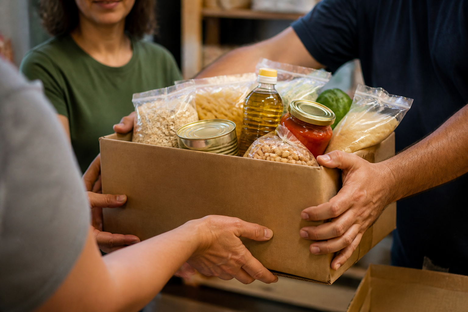 Hands passing donated groceries